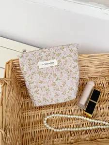 French style floral embroidery canvas cosmetic bag large capacity travel makeup pouch storage
