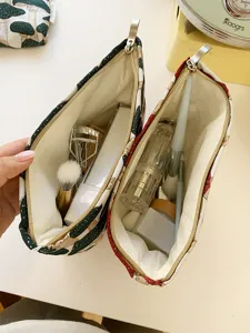 Ramie cotton botanical print cosmetic bag, portable double zipper makeup pouch for travel.