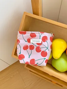 Pink cherry jacquard canvas cosmetic bag, portable large capacity makeup storage pouch.