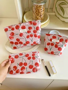 Cute pink cherry print cosmetic bag large capacity toiletry storage pouch for daily travel.