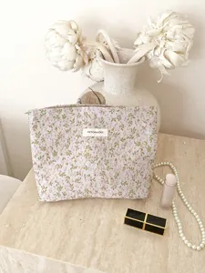 French style floral embroidered makeup bag, large capacity canvas travel cosmetic storage pouch.