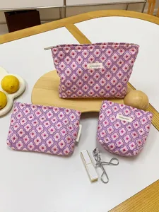 Pink floral jacquard cosmetic bag set, large capacity zipper makeup pouch for travel.
