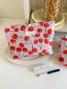 Pink cherry pattern cosmetic bag large capacity portable makeup pouch stylish toiletry storage bag