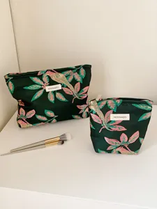 Green floral makeup bag set, portable cosmetic pouch and toiletry organizer for daily travel.