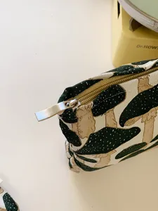 Canvas cosmetic bag with cute mushroom print, portable zippered makeup pouch and toiletry bag.
