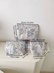 Portable floral cosmetic makeup bag set of three, large capacity travel storage pouch.