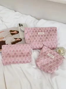 Pink heart quilted cosmetic bag set, portable travel makeup pouch and toiletry organizer.