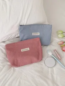 Solid color corduroy cosmetic bag large capacity portable makeup pouch toiletry organizer
