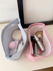 Corduroy cosmetic bag large capacity portable makeup pouch solid color storage bag detail
