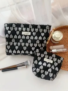 Large capacity black silver heart cosmetic bag set portable makeup storage pouch travel wash bag