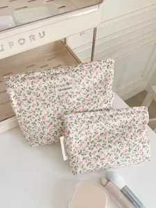 Floral cotton cosmetic bag vintage cute makeup pouch portable toiletry organizer set