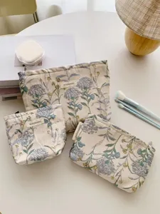 Close-up detail of vintage floral jacquard cosmetic pouch set, elegant storage bag design.