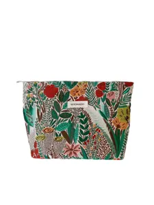 Embroidered floral cosmetic bag detail showing intricate plant weaving pattern and clean stitching.