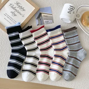 Women cute striped rolled edge crew socks vintage retro korean style casual cotton hosiery