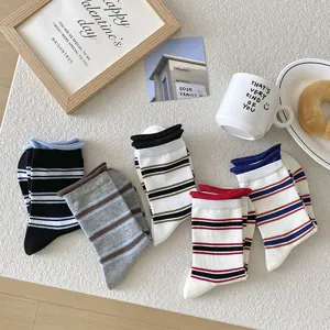 Dopamine rolled-edge striped stacked socks, retro color-blocking mid-tube socks for autumn.