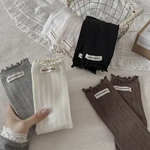 Koreanische gerippte Rüschen-Mittelsocken aus Baumwolle für Damen, süße Lolita-Socken.