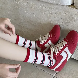 Retro striped mid-calf socks for women, trendy Korean style casual comfy cute socks.