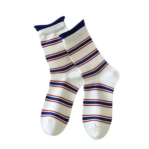 Women striped rolled cuff mid tube socks retro fashion casual cotton socks daily wear