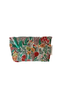 Woven floral makeup bag with botanical embroidery, large capacity cosmetic pouch for travel use.