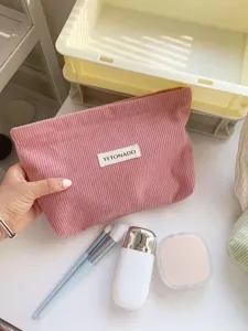 Pink corduroy cosmetic bag large capacity travel makeup storage pouch portable clutch bag