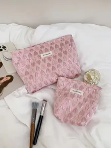 Pink heart jacquard makeup bag set, large capacity portable cosmetic pouch for travel.