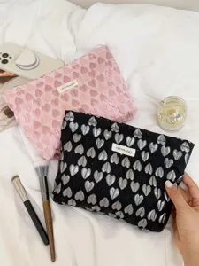 Ins fashion makeup bag large capacity portable cosmetic pouch with cute 3D heart pattern.