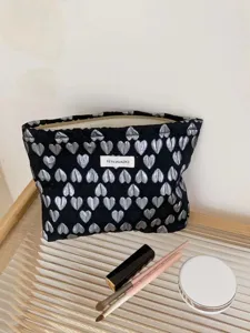 Black silver heart cosmetic bag large capacity portable toiletry travel makeup pouch