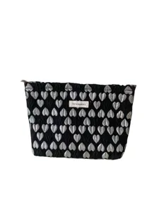 Black cosmetic bag with silver 3D hearts, portable travel makeup pouch for daily use.
