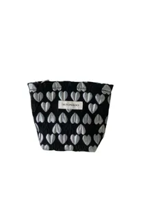 Black cosmetic makeup pouch with silver 3D heart pattern, portable travel toiletry bag detail.
