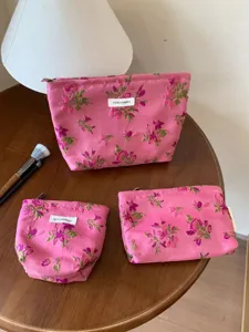 Pink floral embroidered cosmetic bag set canvas makeup pouch portable travel storage bag