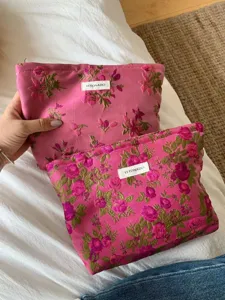 Pink floral embroidered cosmetic bag set canvas travel toiletry pouch for women storage