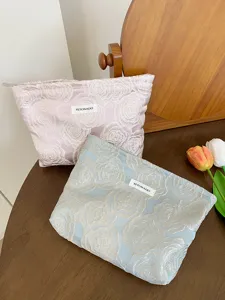 Embossed rose cosmetic bag large capacity portable makeup pouch for women storage bag chic