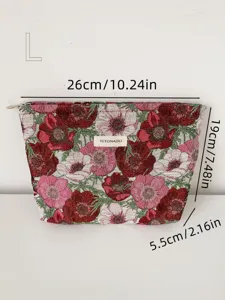 Detail view of the floral jacquard cosmetic pouch, size L with 26x19x5.5cm dimensions.