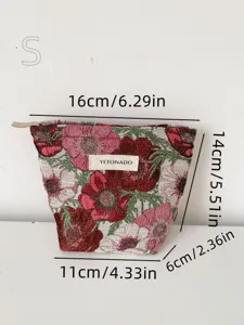 Floral jacquard cosmetic bag portable makeup pouch with zipper and size S dimensions.