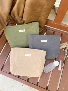 Corduroy cosmetic bag set large capacity portable makeup pouch solid color storage purse.