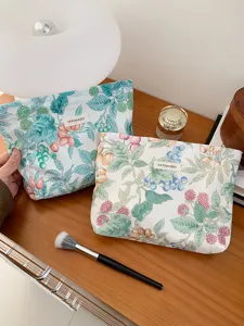 Sac de maquillage en coton a fleurs grande capacite trousse cosmetique fermeture eclair