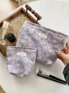 Floral Jacquard Cosmetic Bag Set Portable Makeup Pouch Toiletry Organizer for Travel Use