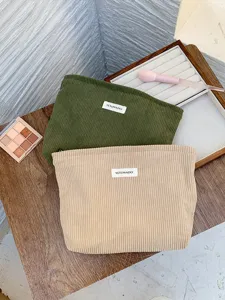 Corduroy makeup bag large capacity portable travel cosmetic pouch solid color organizer