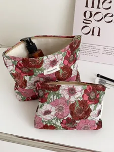 Artistic floral jacquard cosmetic bag set, elegant vintage makeup pouch and portable storage bag.