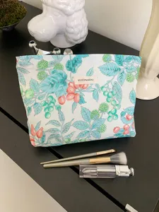 Trousse de maquillage coton fleurs, grande pochette cosmétique avec fermeture éclair pour rangement.