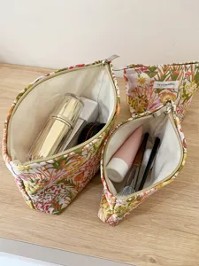 Canvas cosmetic bag large capacity floral makeup pouch zipper storage bag for women travel