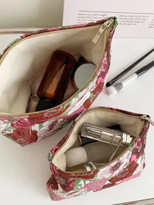 Vintage floral jacquard cosmetic bag with zipper, portable makeup organizer for women.