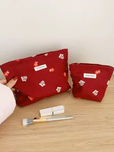 Red Christmas cosmetic bag set with cute embroidery, large capacity portable wash pouch for travel.