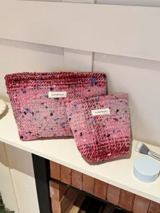 Pink tweed cosmetic bag set portable makeup storage pouch cute toiletry bag for daily use