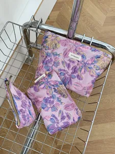 Purple floral cosmetic bag set, large capacity travel makeup pouch and organizer bags.