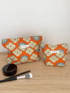 Ethnic style cosmetic bag set, portable canvas makeup pouch with cute floral print for travel.