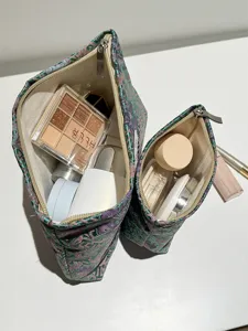 Chinese vintage brocade cosmetic bag set, portable zipper makeup pouch for travel.