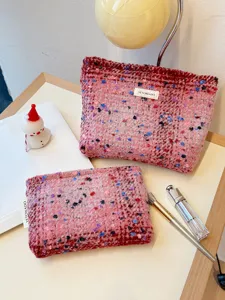 Pink tweed cosmetic bag cute portable toiletry storage pouch with colorful speckles detail