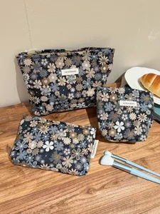 Floral jacquard fabric cosmetic bag set portable travel makeup pouch storage toiletry organizer
