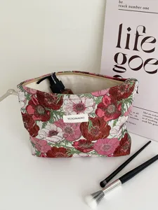Vintage Floral Jacquard Makeup Bag Portable Zipper Pouch Travel Toiletry Storage Organizer